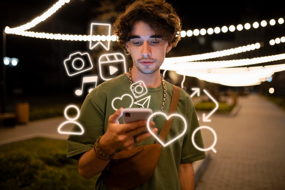 Young man using smartphone at night with digital social media icons, influencer marketing agency in Chandigarh focus.