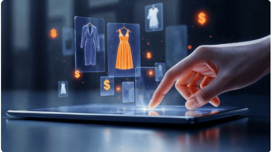 Hand browsing virtual dresses on tablet, symbolizing ecommerce marketing agency in Chandigarh