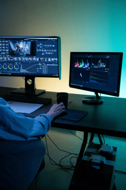 Video editor working on color correction at video editing agency Chandigarh.