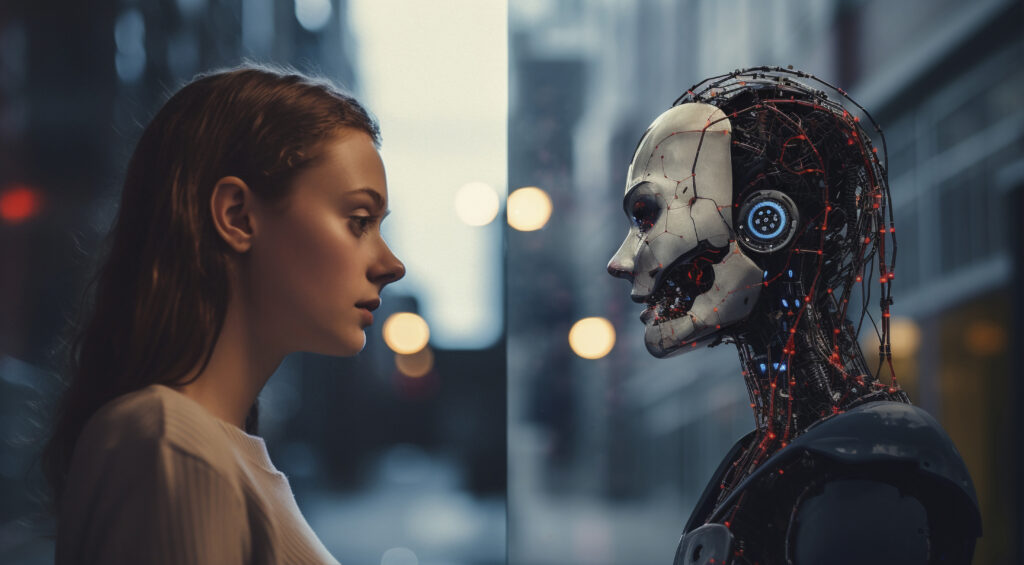 Digital illustration of a customer interacting with an AI chatbot on a mobile device.