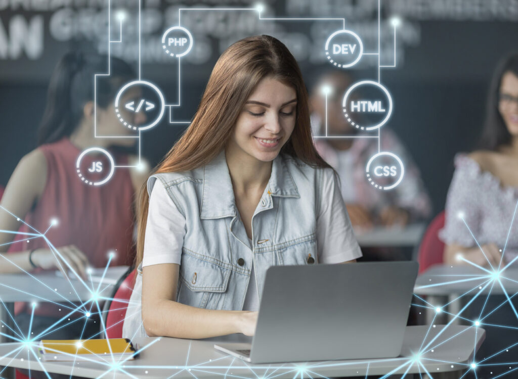 Illustration of AI connecting and customizing content across devices like smartphones, laptops, and tablets in a marketing context.